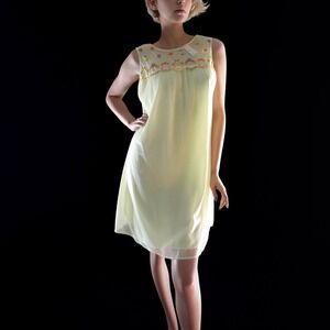 Vintage 70s Soft Yellow Chiffon Nightgown Size S Floral Sheer Chemise Lingerie